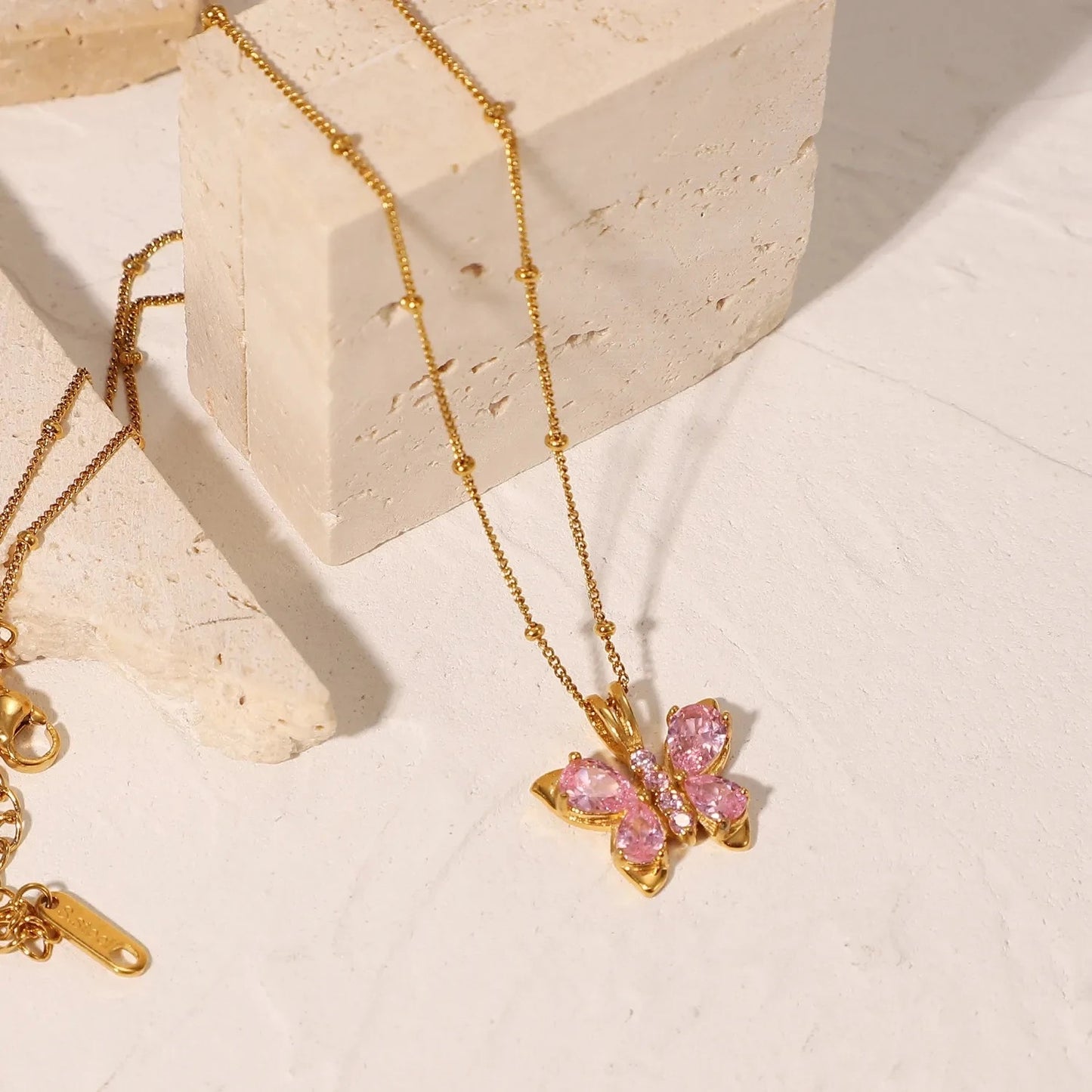 Jelly Pink Butterfly Gold Necklace