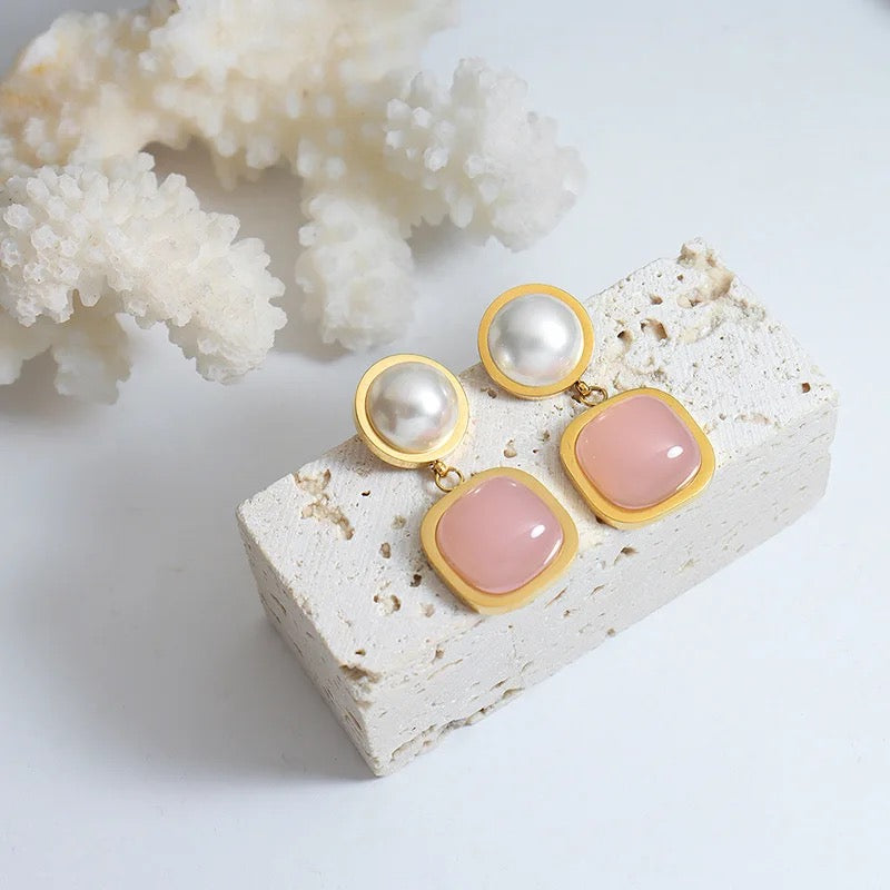 Pink Jade Pearl Earrings