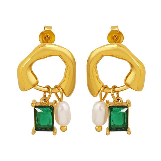 Emerald Pearl Amber Hoops