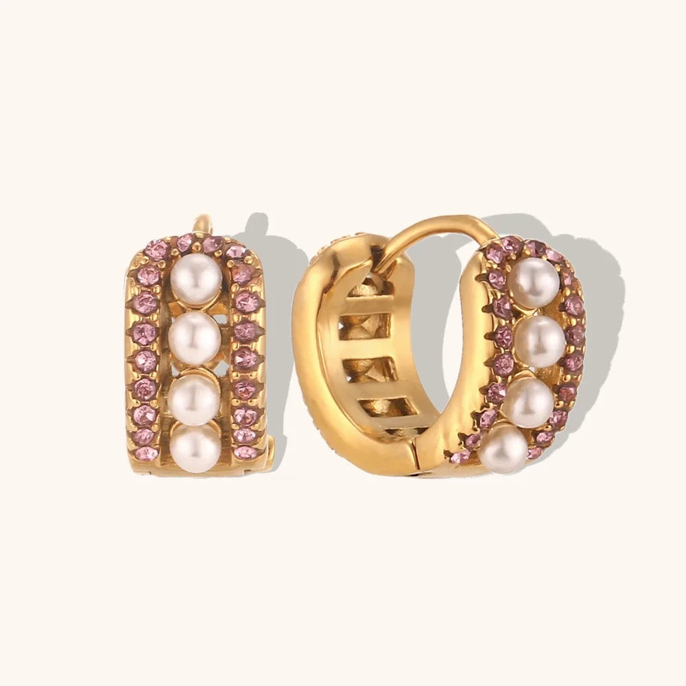 Pink Zirconia Pearl Hoops