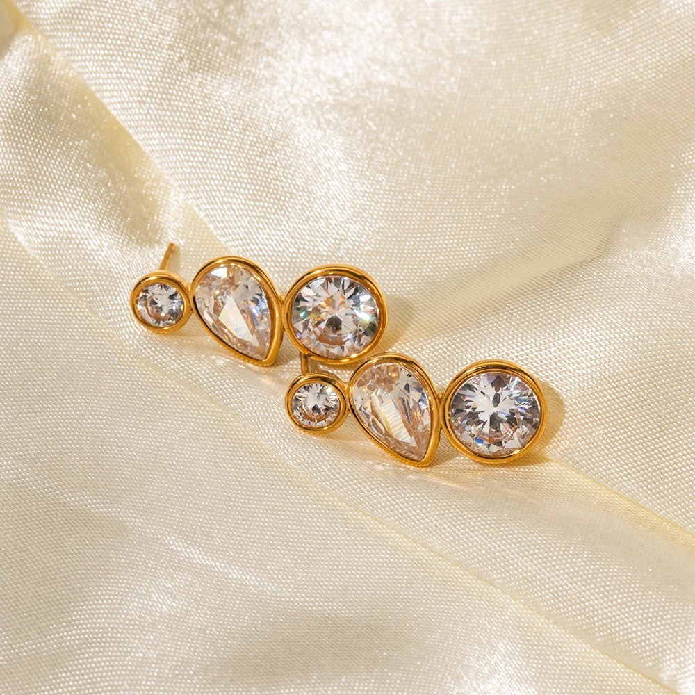 Tri Zircon Gold Earrings