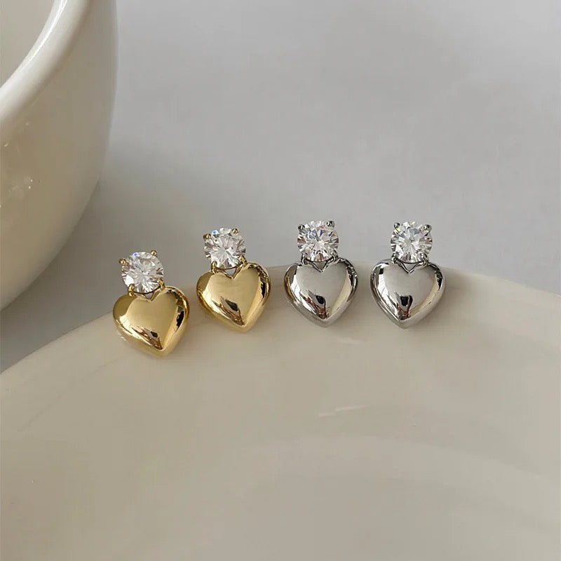 Diamond Silver Heart Studs