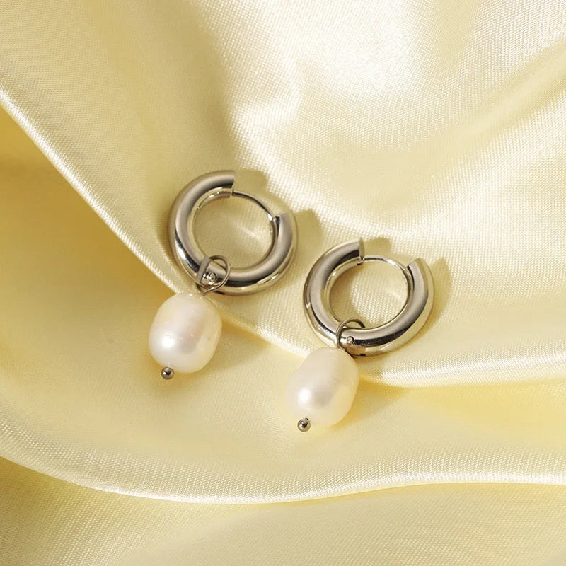 Silver Pearl Hoops