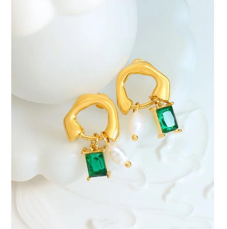 Emerald Pearl Amber Hoops