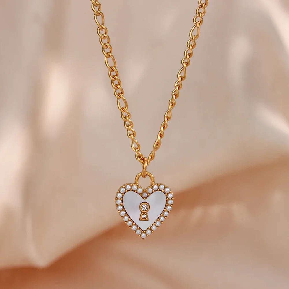 Pearly Heart Locked Necklace