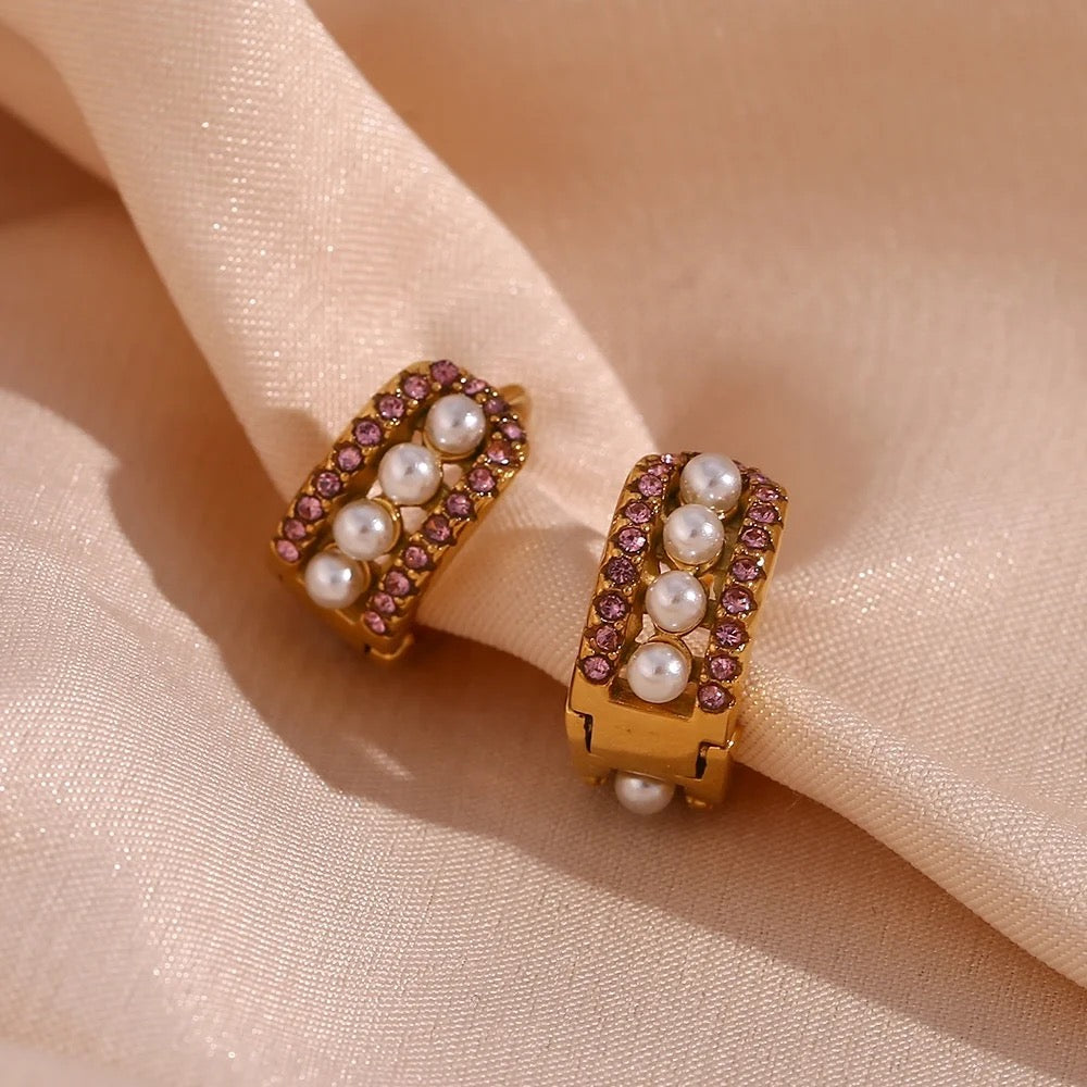 Pink Zirconia Pearl Hoops