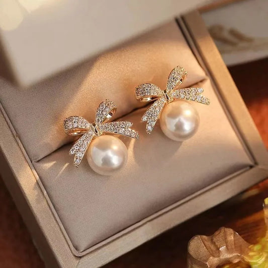 Bowknot Pearl Gold Studs