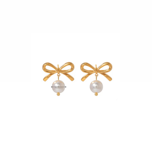 Gold Bow Pearl Earrings