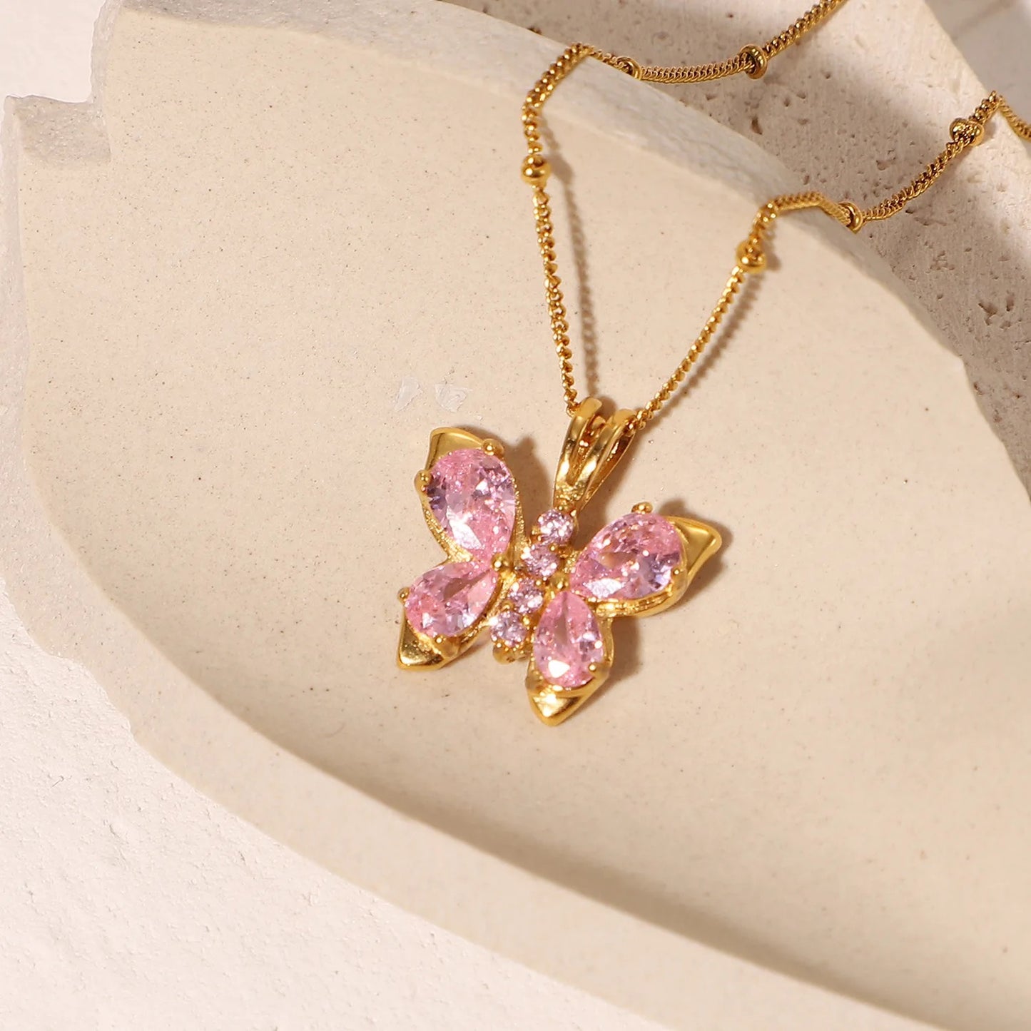 Jelly Pink Butterfly Gold Necklace