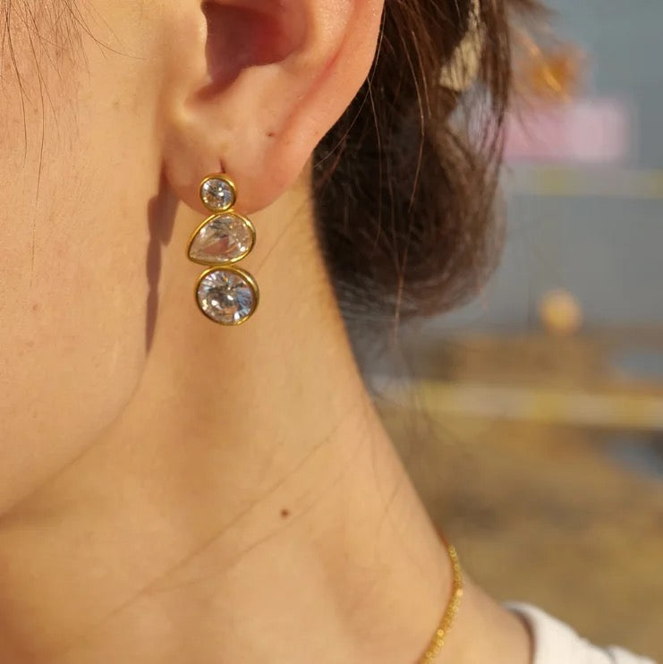 Tri Zircon Gold Earrings