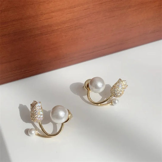 Gold Tulip Pearl Studs