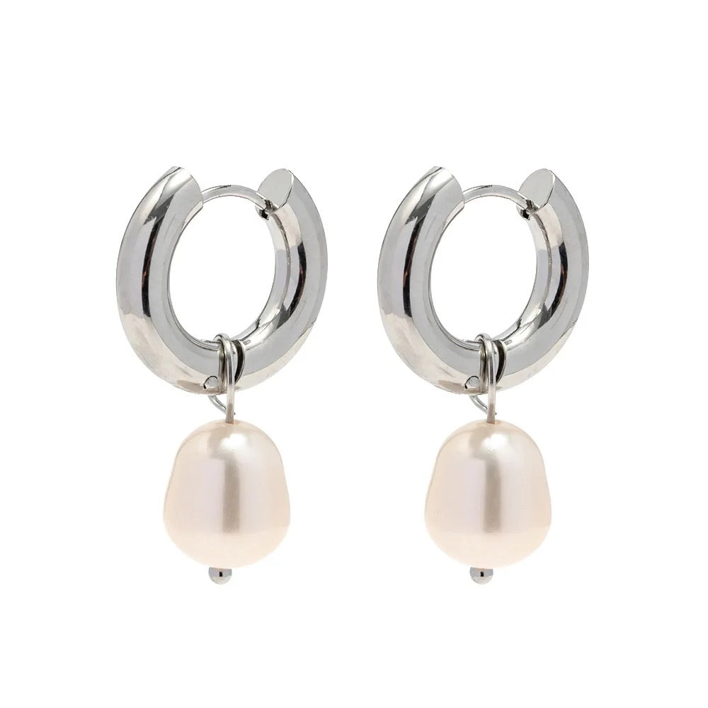 Silver Pearl Hoops