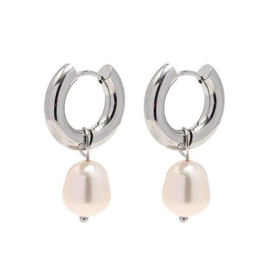 Silver Pearl Hoops