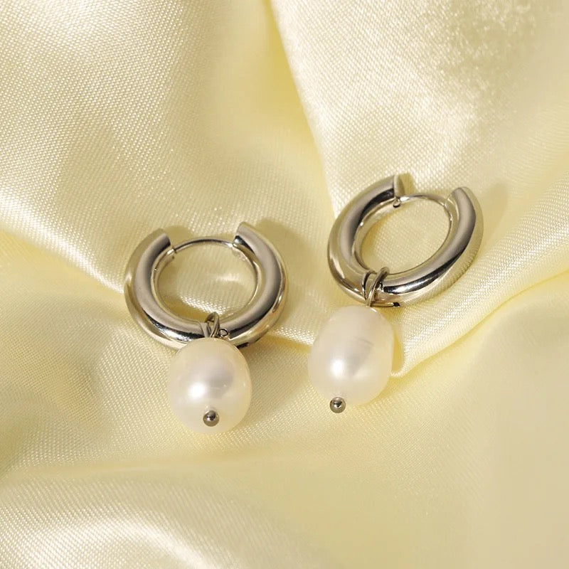 Silver Pearl Hoops