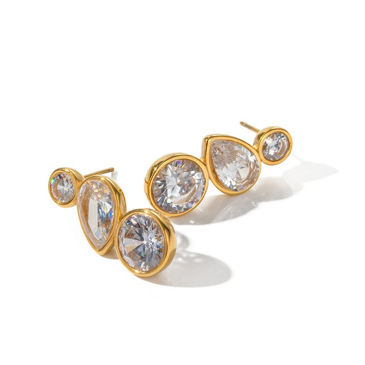 Tri Zircon Gold Earrings