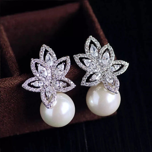 Silver Dahlia Pearl Earrings