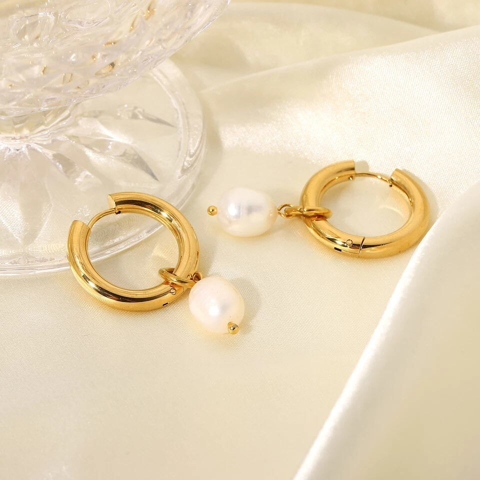 18K Pearl Hoops